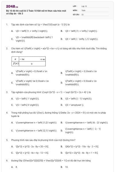 Bộ 10 đề thi cuối kì 2 Toán 10 Kết nối tri thức cấu trúc mới có đáp án - Đề 3