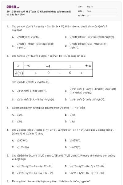 Bộ 10 đề thi cuối kì 2 Toán 10 Kết nối tri thức cấu trúc mới có đáp án - Đề 4