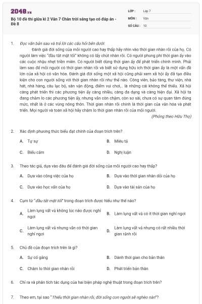 Bộ 10 đề thi giữa kì 2 Văn 7 Chân trời sáng tạo có đáp án - Đề 8