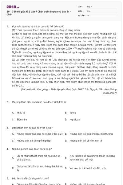 Bộ 10 đề thi giữa kì 2 Văn 7 Chân trời sáng tạo có đáp án - Đề 9