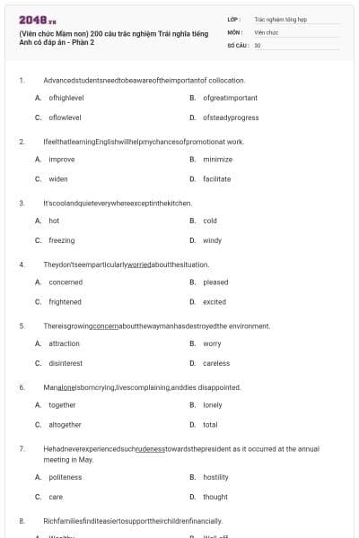 (Viên chức Mầm non) 200 câu trắc nghiệm Trái nghĩa tiếng Anh có đáp án - Phần 2