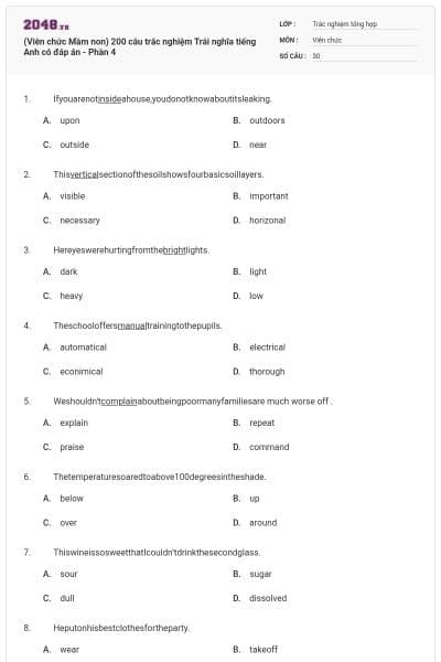 (Viên chức Mầm non) 200 câu trắc nghiệm Trái nghĩa tiếng Anh có đáp án - Phần 4