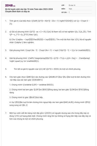 Đề thi tuyển sinh vào lớp 10 môn Toán năm 2023-2024 Chuyên Bình Định có đáp án