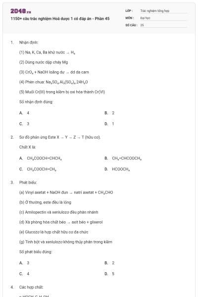 1150+ câu trắc nghiệm Hoá dược 1 có đáp án - Phần 45