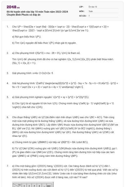 Đề thi tuyển sinh vào lớp 10 môn Toán năm 2023-2024 Chuyên Bình Phước có đáp án