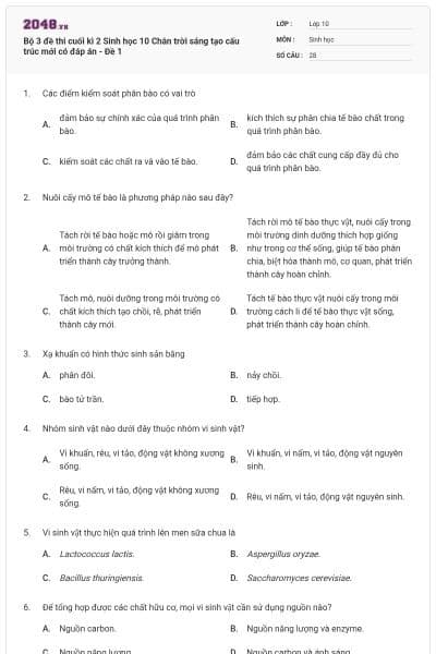 Bộ 3 đề thi cuối kì 2 Sinh học 10 Chân trời sáng tạo cấu trúc mới có đáp án - Đề 1