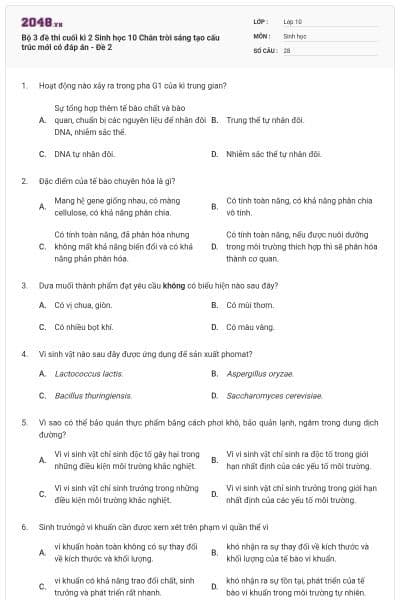 Bộ 3 đề thi cuối kì 2 Sinh học 10 Chân trời sáng tạo cấu trúc mới có đáp án - Đề 2