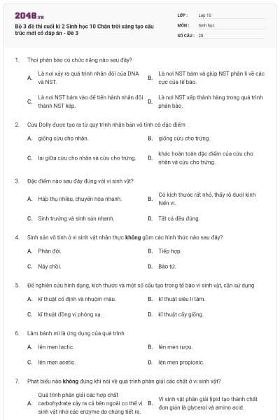 Bộ 3 đề thi cuối kì 2 Sinh học 10 Chân trời sáng tạo cấu trúc mới có đáp án - Đề 3
