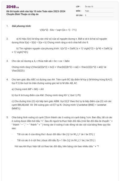 Đề thi tuyển sinh vào lớp 10 môn Toán năm 2023-2024 Chuyên Bình Thuận có đáp án
