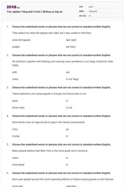 Trắc nghiệm Tiếng Anh 9 Unit 2 Writing có đáp án