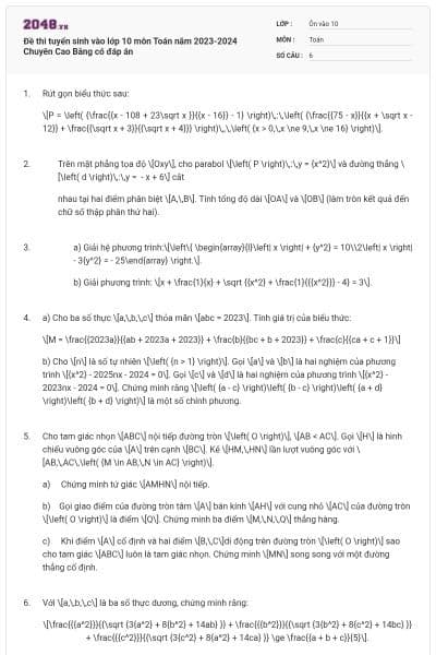 Đề thi tuyển sinh vào lớp 10 môn Toán năm 2023-2024 Chuyên Cao Bằng có đáp án