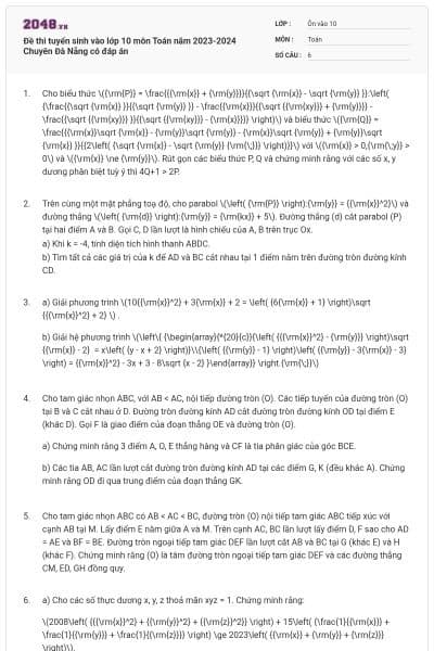Đề thi tuyển sinh vào lớp 10 môn Toán năm 2023-2024 Chuyên Đà Nẵng có đáp án