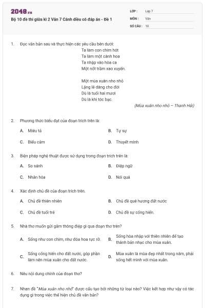 Bộ 10 đề thi giữa kì 2 Văn 7 Cánh diều có đáp án - Đề 1
