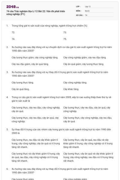 74 câu Trắc nghiệm Địa Lí 12 Bài 22: Vấn đề phát triển nông nghiệp (P1)