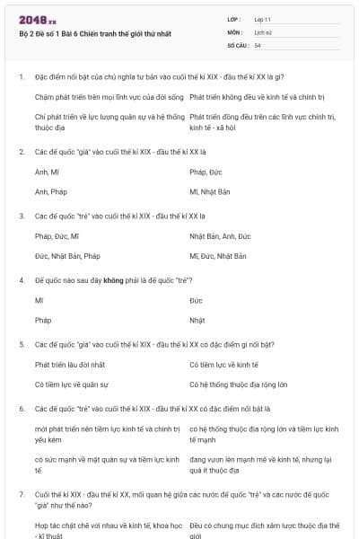 Bộ 2 Đề số 1 Bài 6 Chiến tranh thế giới thứ nhất