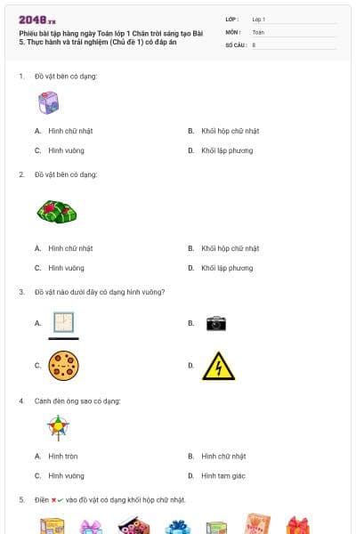 Phiếu bài tập hàng ngày Toán lớp 1 Chân trời sáng tạo Bài 5. Thực hành và trải nghiệm (Chủ đề 1) có đáp án