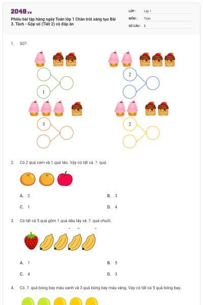 Phiếu bài tập hàng ngày Toán lớp 1 Chân trời sáng tạo Bài 3. Tách - Gộp số (Tiết 2) có đáp án