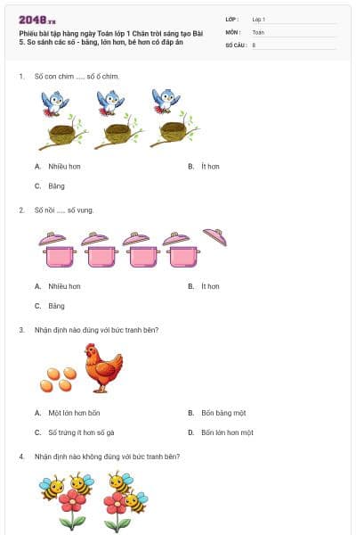Phiếu bài tập hàng ngày Toán lớp 1 Chân trời sáng tạo Bài 5. So sánh các số - bằng, lớn hơn, bé hơn có đáp án
