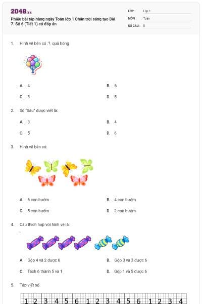 Phiếu bài tập hàng ngày Toán lớp 1 Chân trời sáng tạo Bài 7. Số 6 (Tiết 1) có đáp án