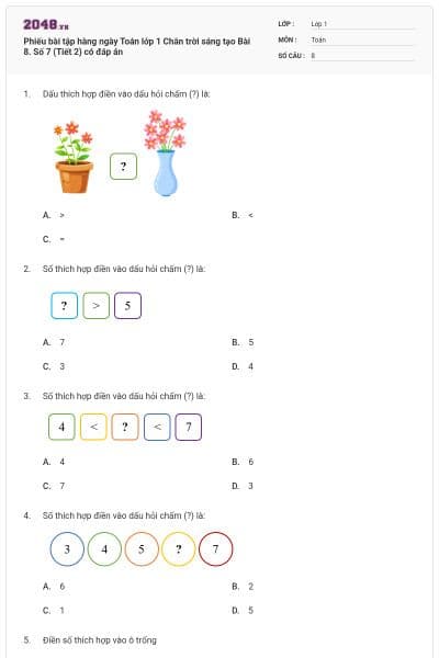 Phiếu bài tập hàng ngày Toán lớp 1 Chân trời sáng tạo Bài 8. Số 7 (Tiết 2) có đáp án