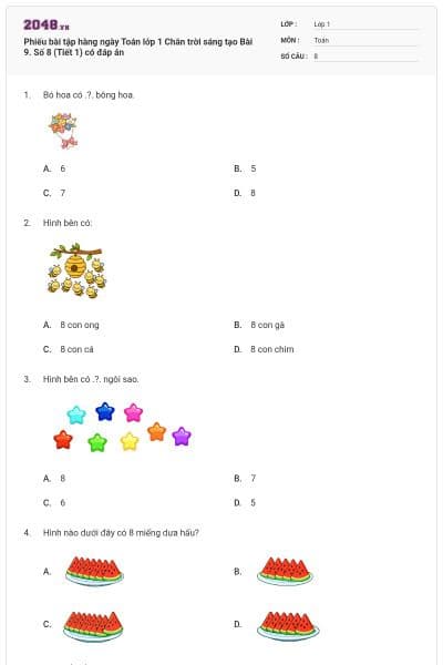 Phiếu bài tập hàng ngày Toán lớp 1 Chân trời sáng tạo Bài 9. Số 8 (Tiết 1) có đáp án