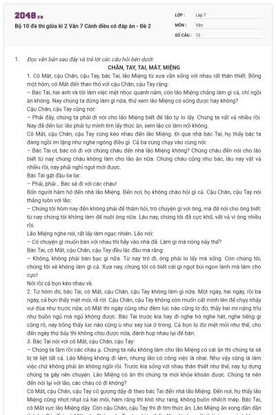 Bộ 10 đề thi giữa kì 2 Văn 7 Cánh diều có đáp án - Đề 2