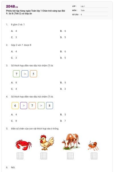 Phiếu bài tập hàng ngày Toán lớp 1 Chân trời sáng tạo Bài 9. Số 8 (Tiết 2) có đáp án