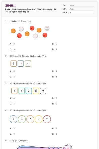 Phiếu bài tập hàng ngày Toán lớp 1 Chân trời sáng tạo Bài 10. Số 9 (Tiết 2) có đáp án