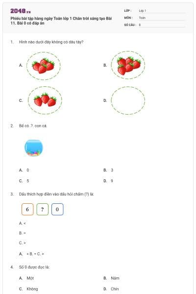Phiếu bài tập hàng ngày Toán lớp 1 Chân trời sáng tạo Bài 11. Bài 0 có đáp án