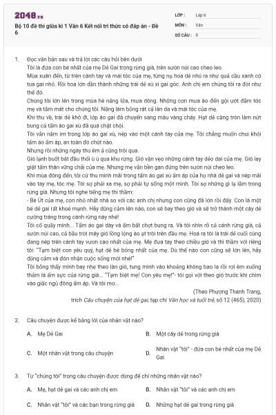 Bộ 10 đề thi giữa kì 1 Văn 6 Kết nối tri thức có đáp án - Đề 6
