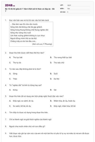 Bộ 10 đề thi giữa kì 1 Văn 6 Kết nối tri thức có đáp án - Đề 7