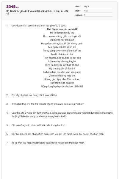 Bộ 10 đề thi giữa kì 1 Văn 6 Kết nối tri thức có đáp án - Đề 10