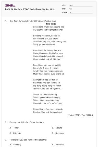 Bộ 10 đề thi giữa kì 2 Văn 7 Cánh diều có đáp án - Đề 3