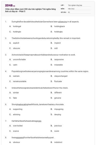 (Viên chức Mầm non) 200 câu trắc nghiệm Trái nghĩa tiếng Anh có đáp án - Phần 5