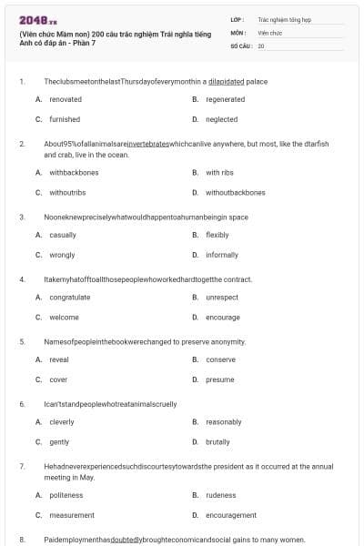 (Viên chức Mầm non) 200 câu trắc nghiệm Trái nghĩa tiếng Anh có đáp án - Phần 7