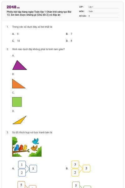 Phiếu bài tập hàng ngày Toán lớp 1 Chân trời sáng tạo Bài 13. Em làm được những gì (Chủ đề 2) có đáp án