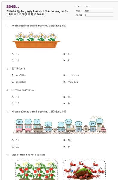 Phiếu bài tập hàng ngày Toán lớp 1 Chân trời sáng tạo Bài 1. Các số đến 20 (Tiết 1) có đáp án