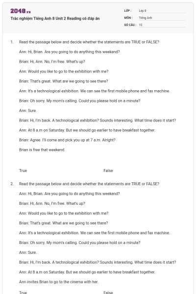 Trắc nghiệm Tiếng Anh 8 Unit 2 Reading có đáp án