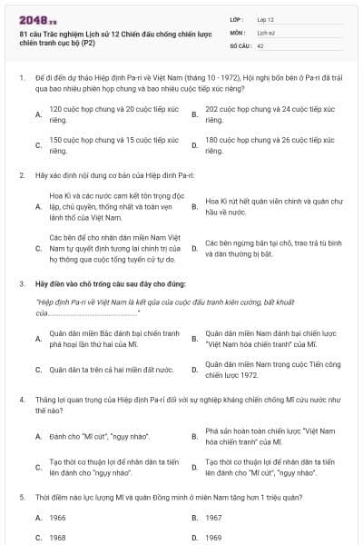 81 câu Trắc nghiệm Lịch sử 12 Chiến đấu chống chiến lược chiến tranh cục bộ (P2)