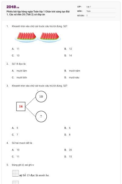 Phiếu bài tập hàng ngày Toán lớp 1 Chân trời sáng tạo Bài 1. Các số đến 20 (Tiết 2) có đáp án