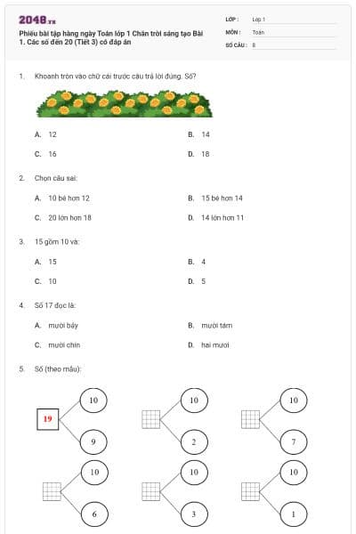 Phiếu bài tập hàng ngày Toán lớp 1 Chân trời sáng tạo Bài 1. Các số đến 20 (Tiết 3) có đáp án