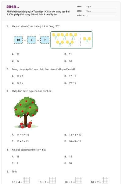 Phiếu bài tập hàng ngày Toán lớp 1 Chân trời sáng tạo Bài 2. Các phép tính dạng 10 + 4, 14 - 4 có đáp án