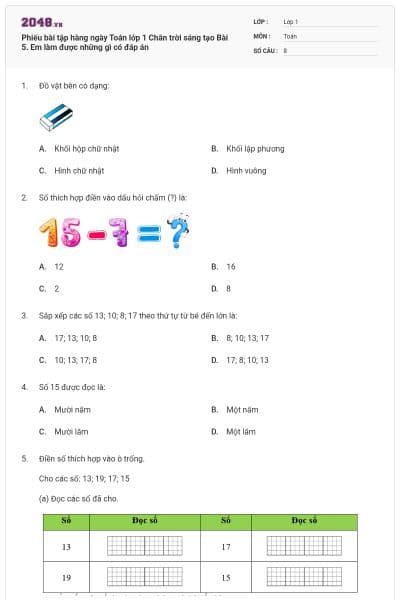 Phiếu bài tập hàng ngày Toán lớp 1 Chân trời sáng tạo Bài 5. Em làm được những gì có đáp án