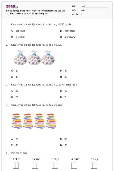 Phiếu bài tập hàng ngày Toán lớp 1 Chân trời sáng tạo Bài 1. Chục - Số tròn chục (Tiết 2) có đáp án