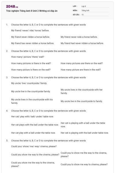 Trắc nghiệm Tiếng Anh 8 Unit 2 Writing có đáp án