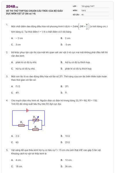 ĐỀ THI THỬ THPTQG CHUẨN CẤU TRÚC CỦA BỘ GIÁO DỤC MÔN VẬT LÝ (Đề số 14)