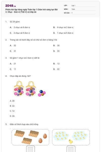 Phiếu bài tập hàng ngày Toán lớp 1 Chân trời sáng tạo Bài 3. Chục - Đơn vị (Tiết 2) có đáp án