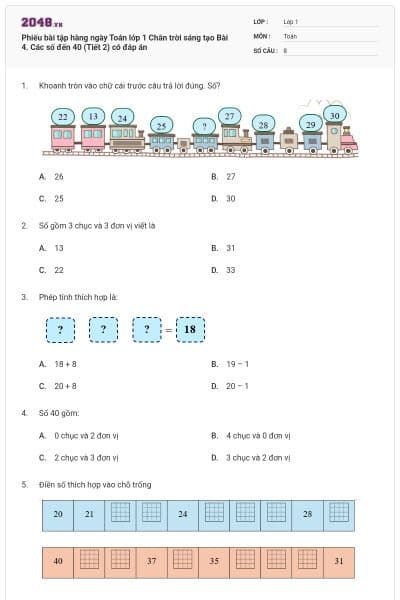 Phiếu bài tập hàng ngày Toán lớp 1 Chân trời sáng tạo Bài 4. Các số đến 40 (Tiết 2) có đáp án