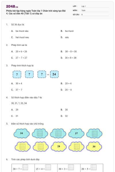 Phiếu bài tập hàng ngày Toán lớp 1 Chân trời sáng tạo Bài 4. Các số đến 40 (Tiết 1) có đáp án