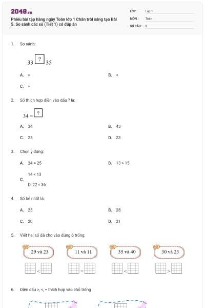 Phiếu bài tập hàng ngày Toán lớp 1 Chân trời sáng tạo Bài 5. So sánh các số (Tiết 1) có đáp án
